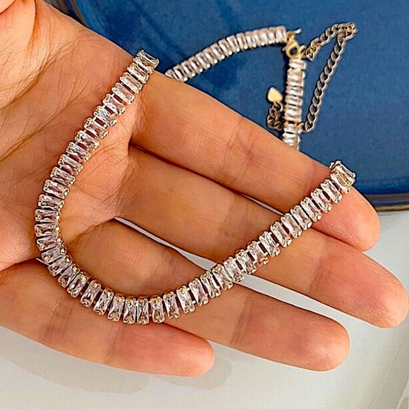 Baguette Crystal Gold Plated Zircon Diamond Necklace Bracelet Set - Picture 4 of 9